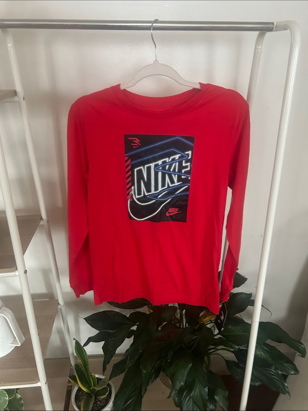 Nike Red Long-Sleeve Tee with Neon Logo Graphic